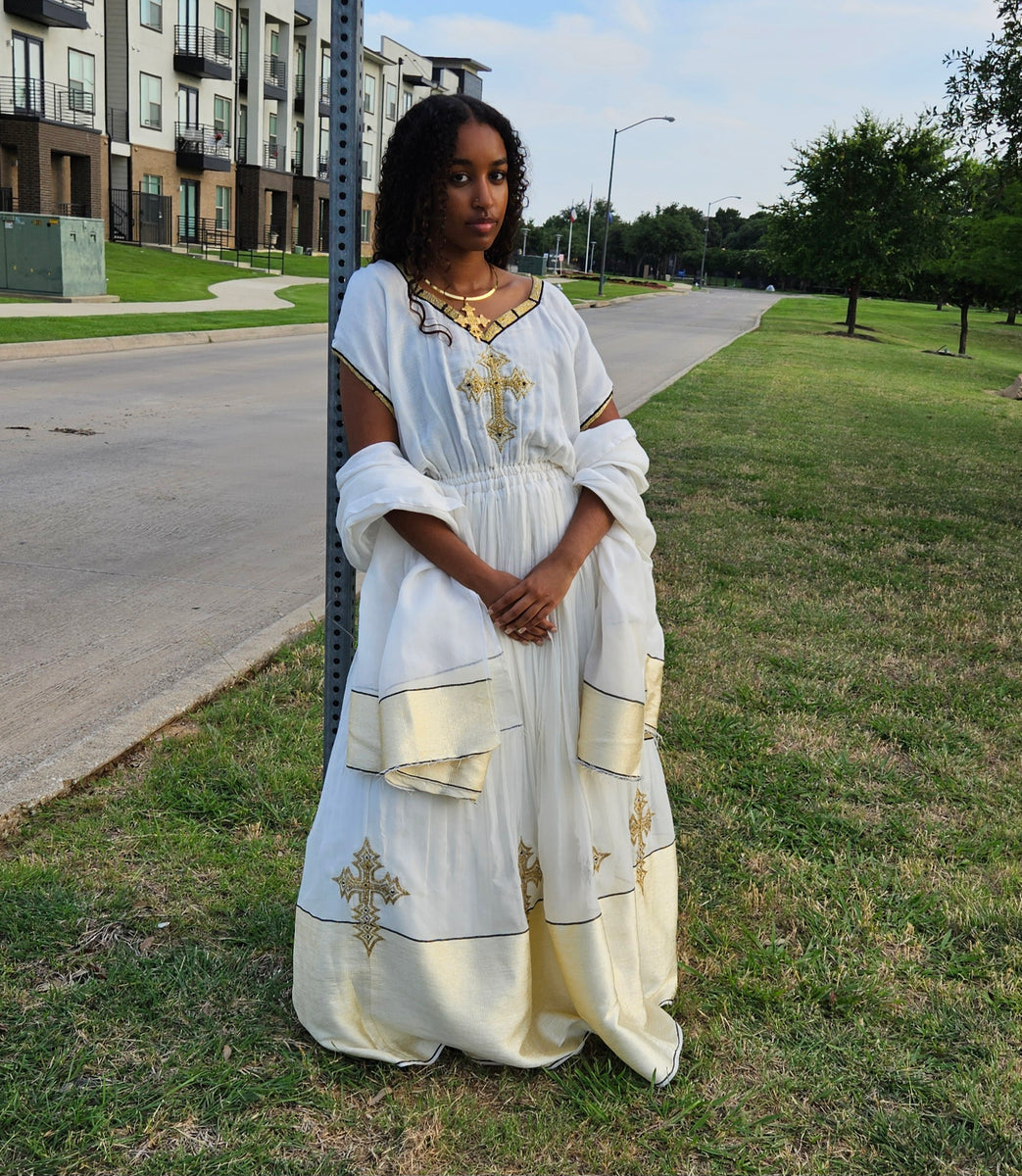 ワンピース Ethiopian dress Ethiopian Dress| Simple Gold Habesha Kemis | Traditional
